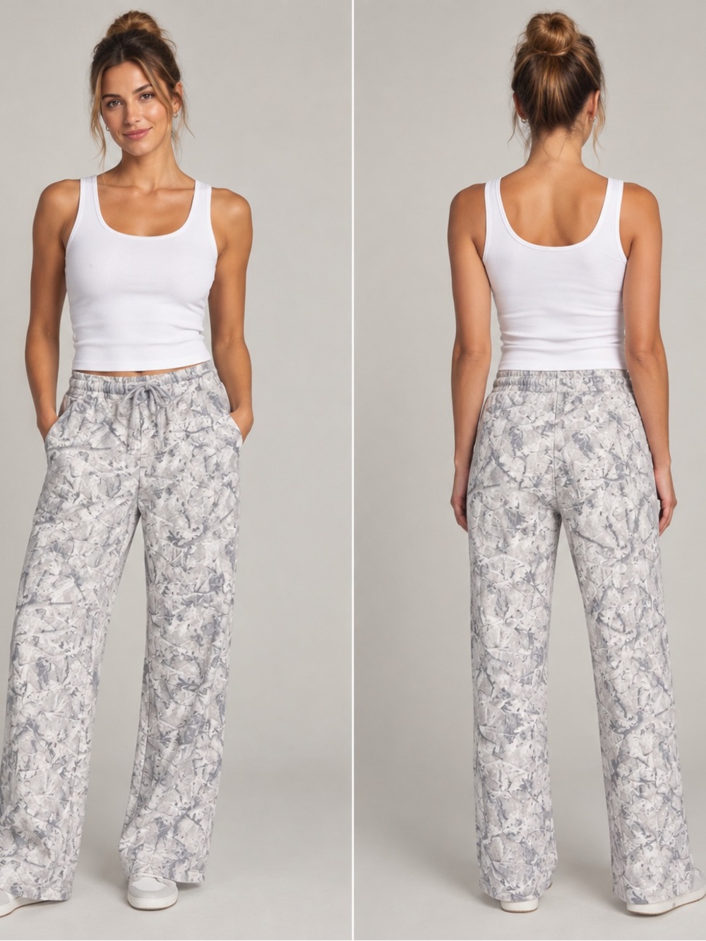 SWS Athletics White and Grey Branch Print Fleece Jogger Sweatpants Size M